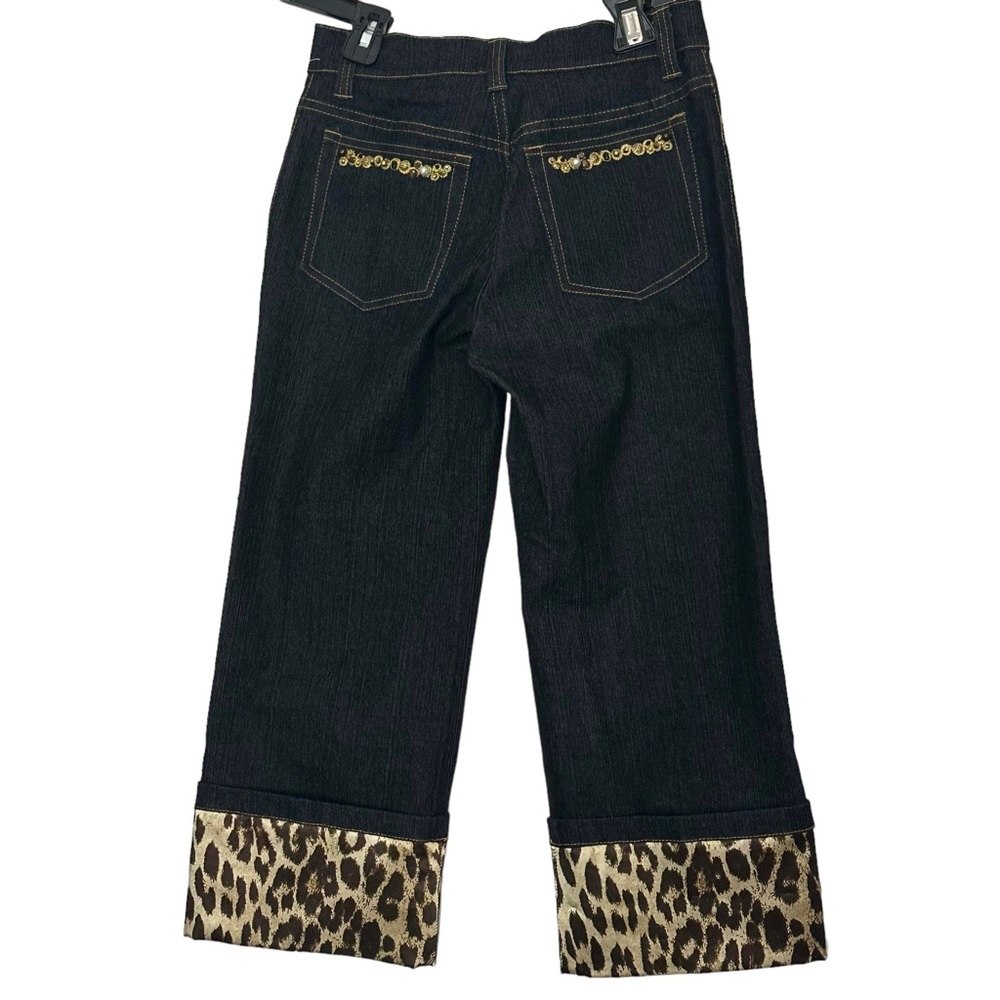 V Cristina Jeans Cropped 2P Black Beaded Cheetah Print Satin Hem - Picture 7 of 9